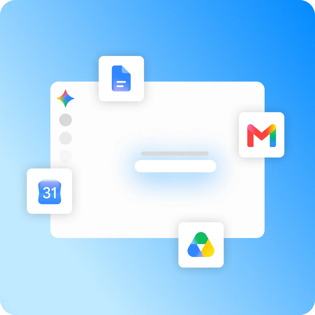 Google 官方展示的 Gemini 与 Gmail、Drive、Docs、Calendar 关联示意